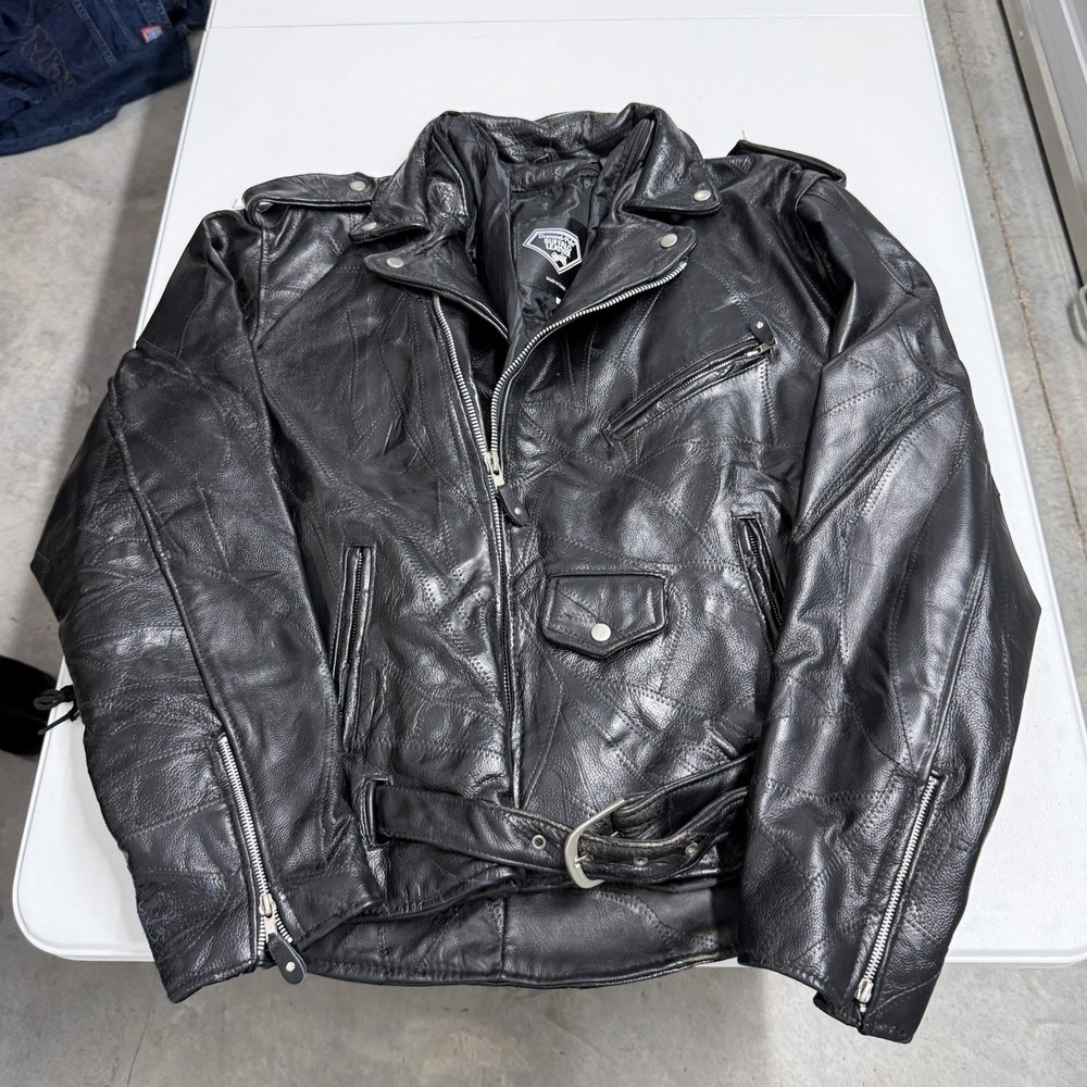 Diamond Plate Biker Jacket Mens XL Black Good Patchwork Buffalo Leather Moto